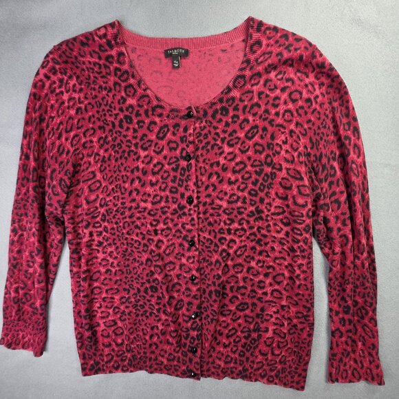 Talbots Cardigan Sweater Womens XL Petite Pink Black Leopard Print Button Front - Picture 1 of 10